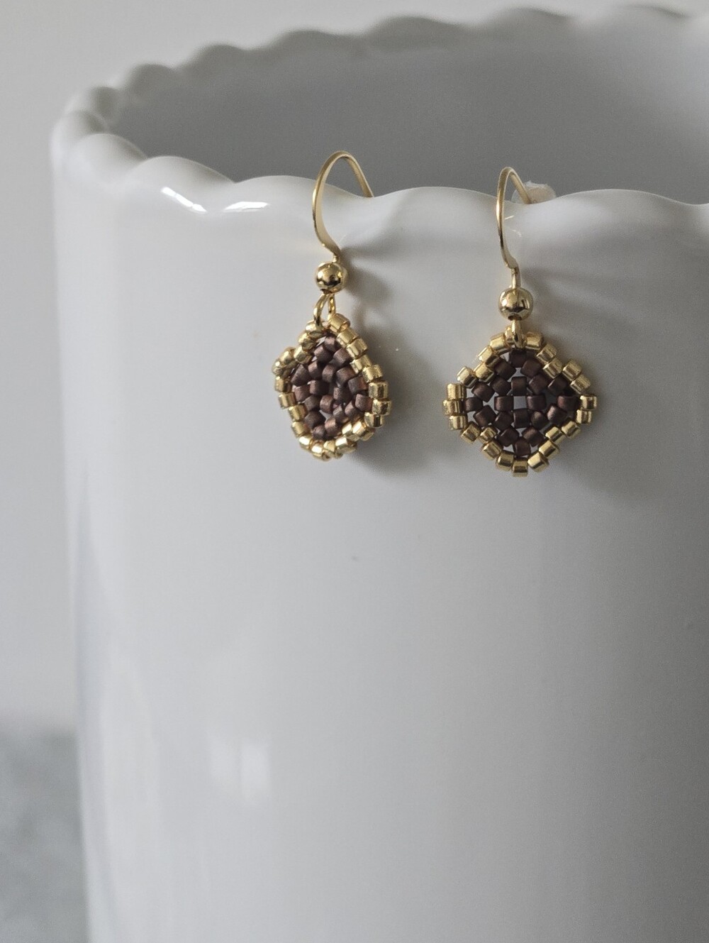 078 New Handmade Gold and Brown Beaded Drop Earrings